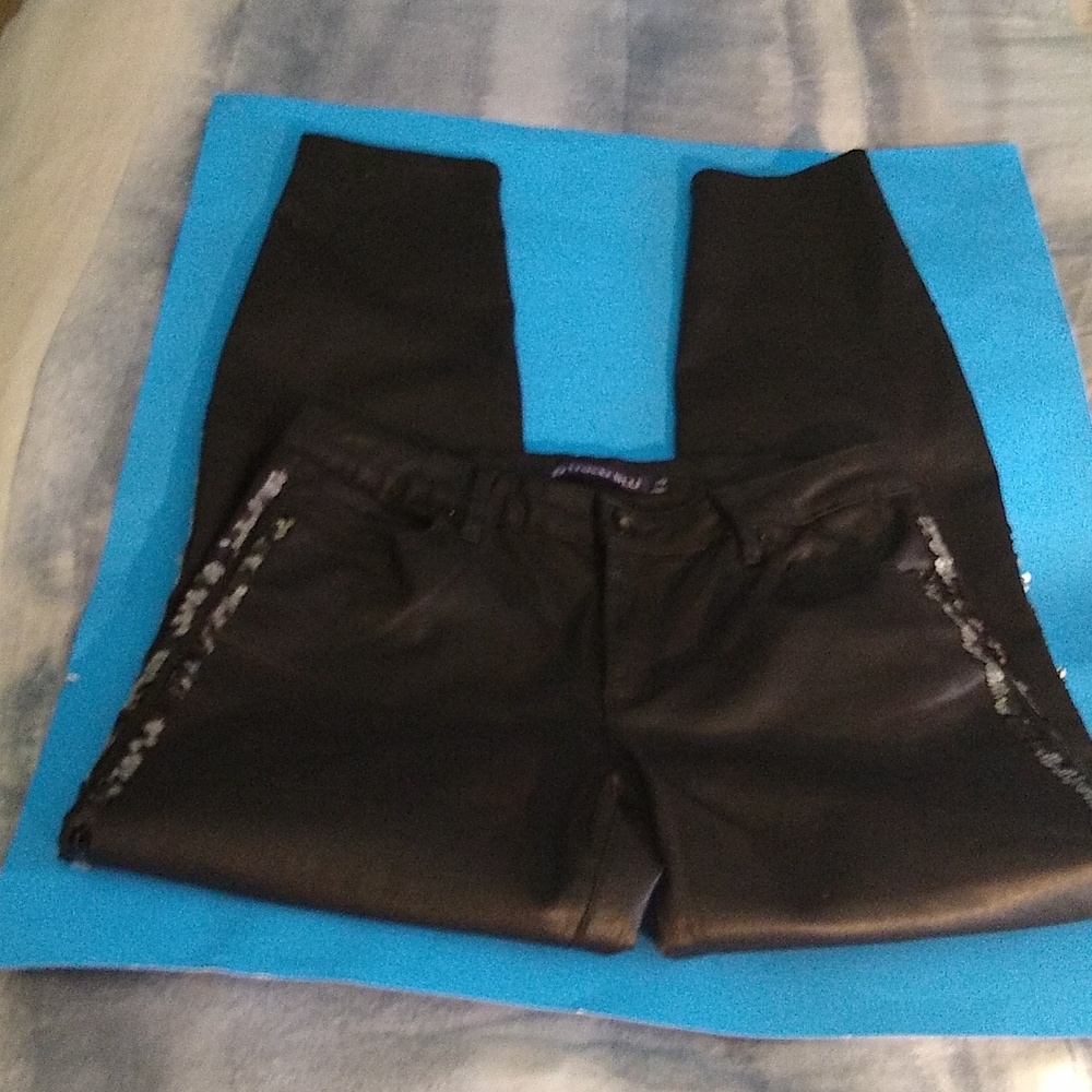 Tractor blu faux leather pants/ jeans size 28 w/ silver sequins at the sides